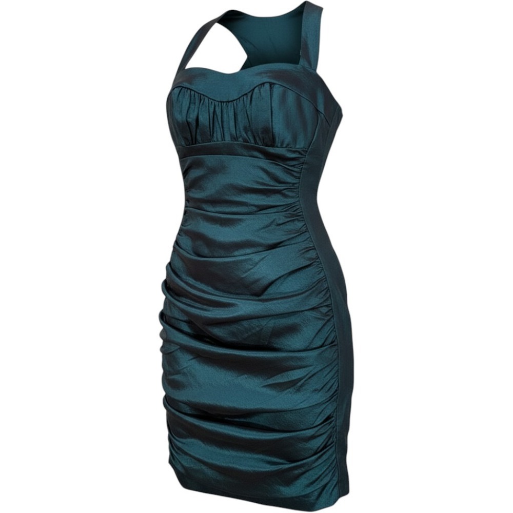 Jessica McClintock Teal Ruched Bodycon Cocktail Dress Strappy Back 6P USA